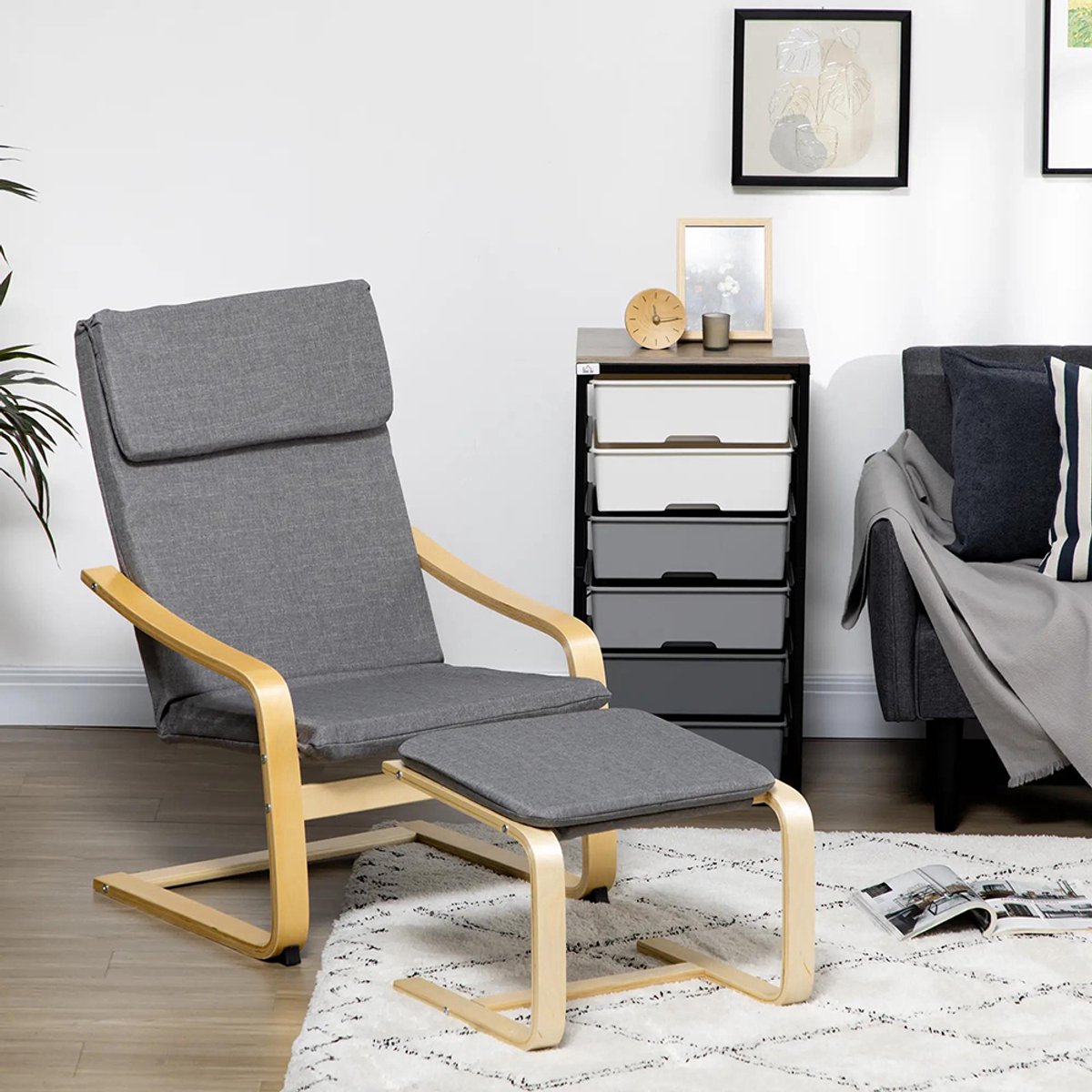 Sweiko Fauteuil - Met hocker - Maximale belasting 120kg - Linnen + massief hout - Grijs