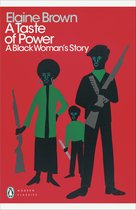 Boekcover met tekst: Elaine Brown A Taste of Power A Black Woman's Story. Silhouetten van twee volwassenen en een kind met geweren, tegen een rode achtergrond.
