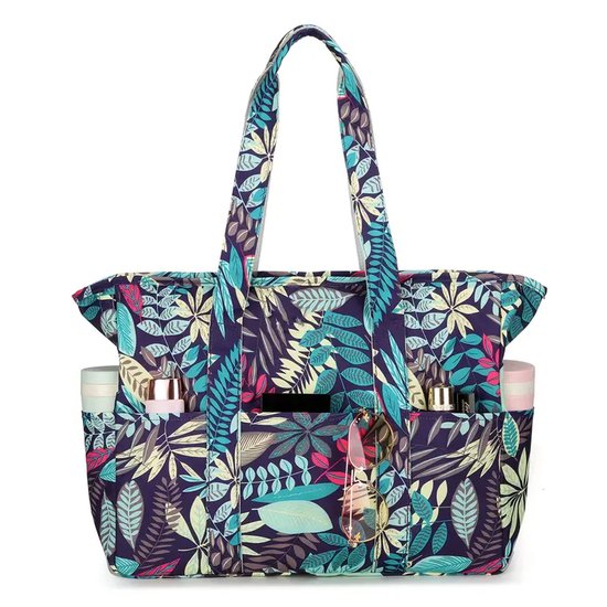 Ultiluxe® Grote strandtas met bladeren - Groen/blauw - 41 x 33 x 13 cm - Schoudertas met ritssluiting - Waterbestendig - Dames handtas - Bestand tegen zand - Veel vakken, grote capaciteit - Zwemtas, big shopper, familie badtas