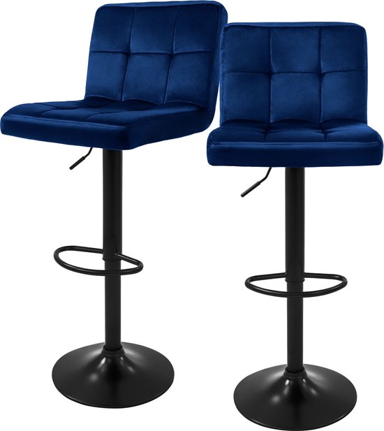 Lot de 2 tabourets de bar revêtement velours bleu avec dossier et repose-pieds réglables en hauteur 63-83cm ML- Design