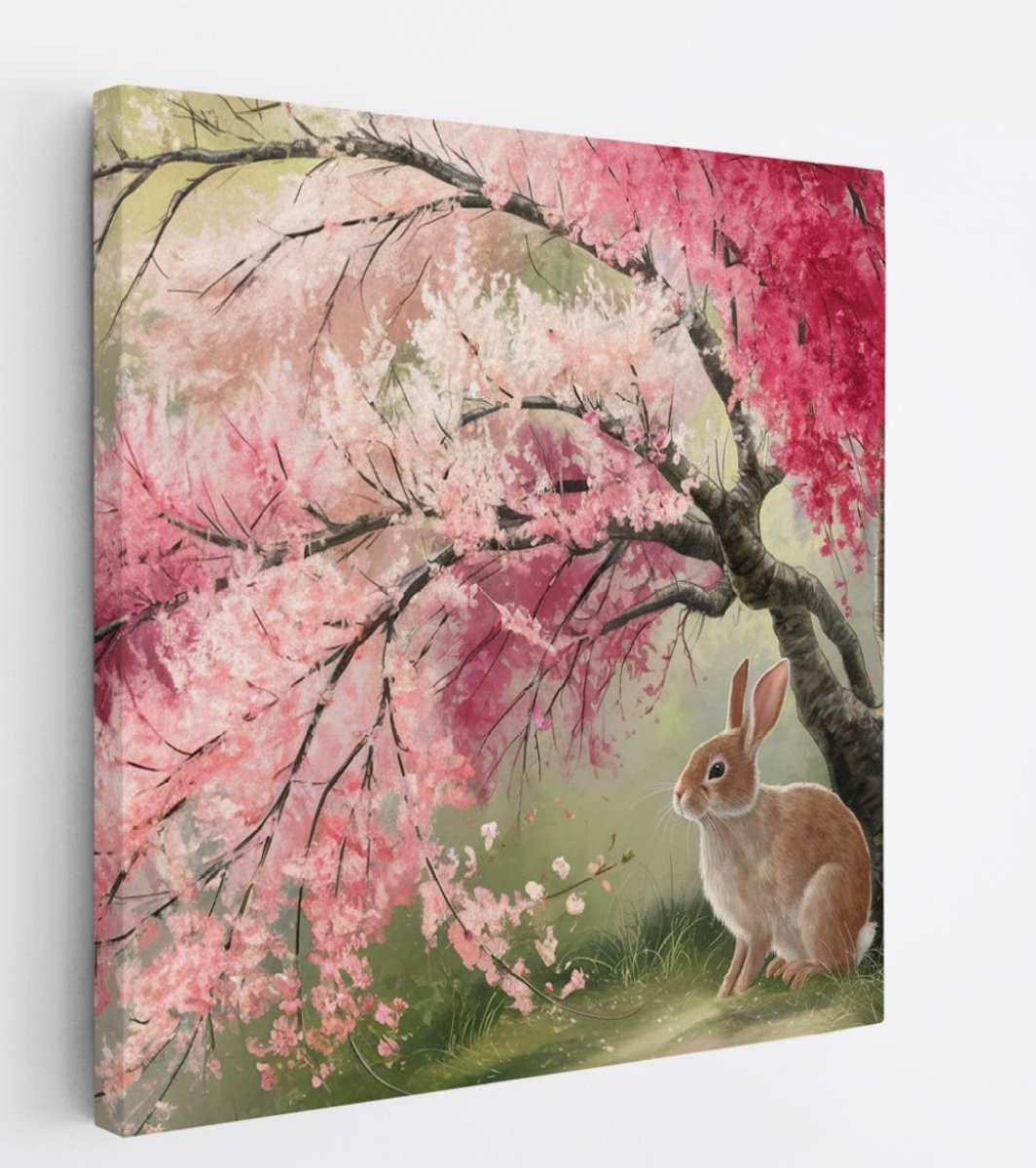 Saammp Canvas Schilderij - Konijn onder roze boom - Natuur - Abstract - 40x40 - Foto op canvas - Wanddecoratie - Muurdecoratie Woonkamer - Slaapkamer decoratie - Canvas Print Multicolor