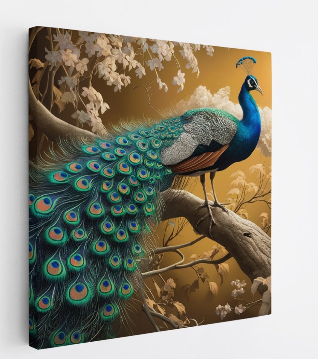 Saammp Canvas Schilderij - Pauw tussen de bloemen en vlinders - Dieren - Natuur - 40x40 - Foto op canvas - Wanddecoratie - muurdecoratie Woonkamer - Slaapkamer decoratie - Canvas Print Multicolor