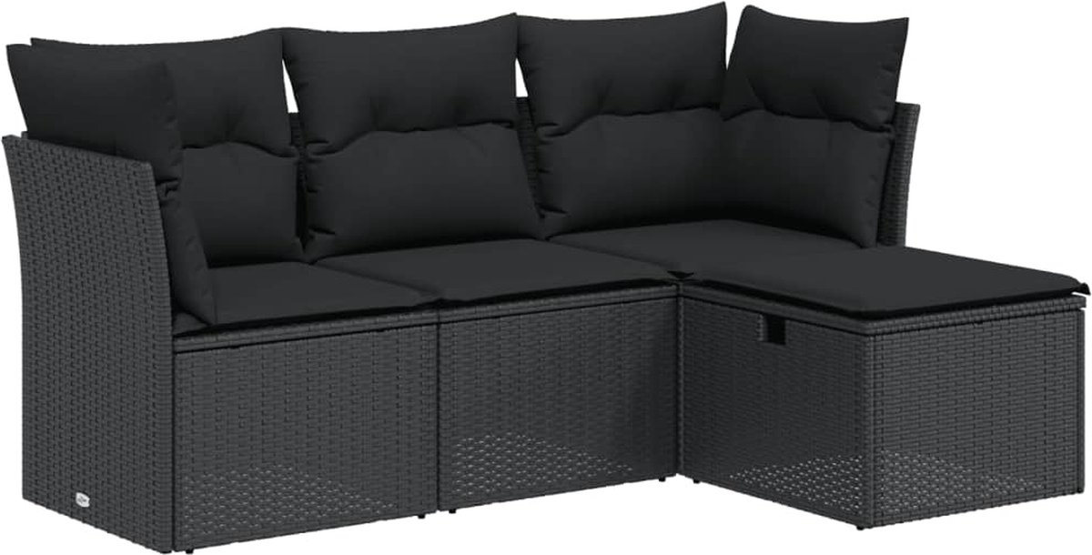 The Living Store 4-delige Loungeset met kussens poly rattan zwart - Loungebank - Lounge Set - Tuinset - Buisensets - Tuinlounge