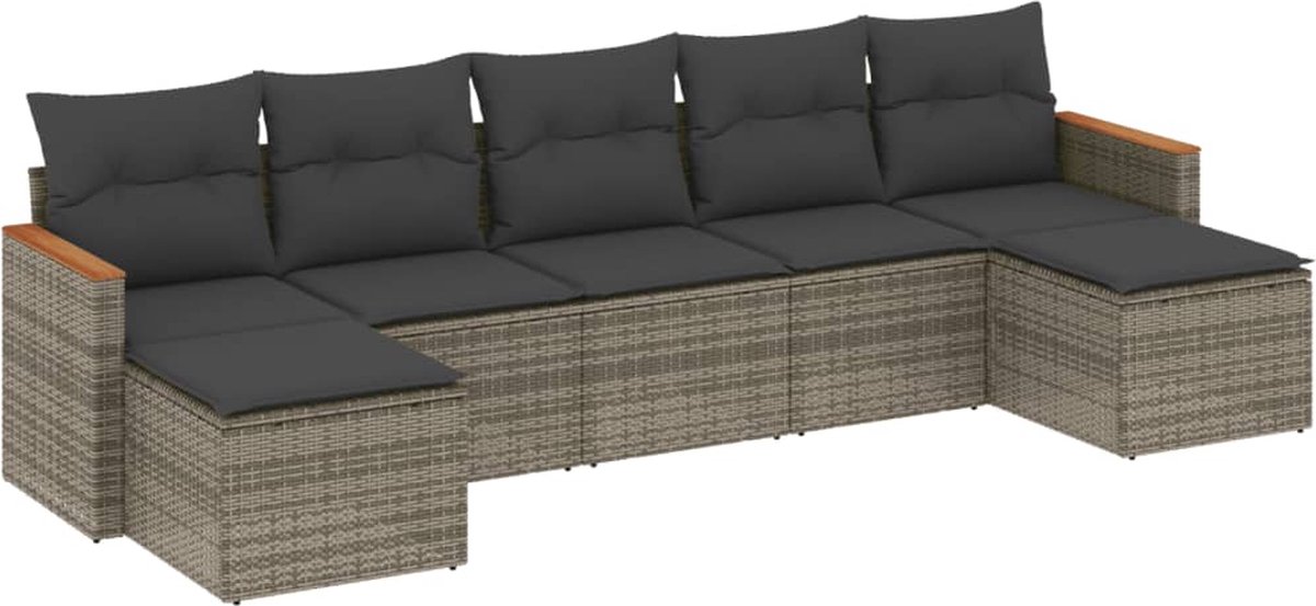 The Living Store 7-delige Loungeset met kussens poly rattan grijs - Loungeset - Tuinset - Lounge - Buitendecoratie - Garden Furniture