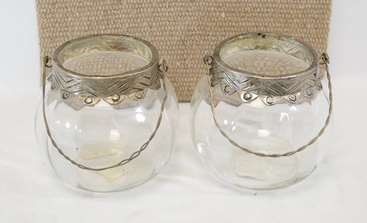ZoeZo Design 2 stuks - waxinelichtjeshouder - glas - metaal - H 11 x Ø 11 cm - stoer - robuust - sober - vintage zilver glas - zilver