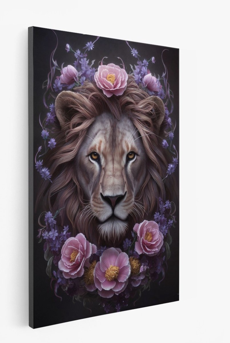 Saammp Canvas Schilderij - Leeuw - Roze en paarse bloemen - Abstract - Dieren - 40x60 - Foto op canvas - Wanddecoratie - Muurdecoratie Woonkamer - Slaapkamer decoratie - Canvas Print Multicolor