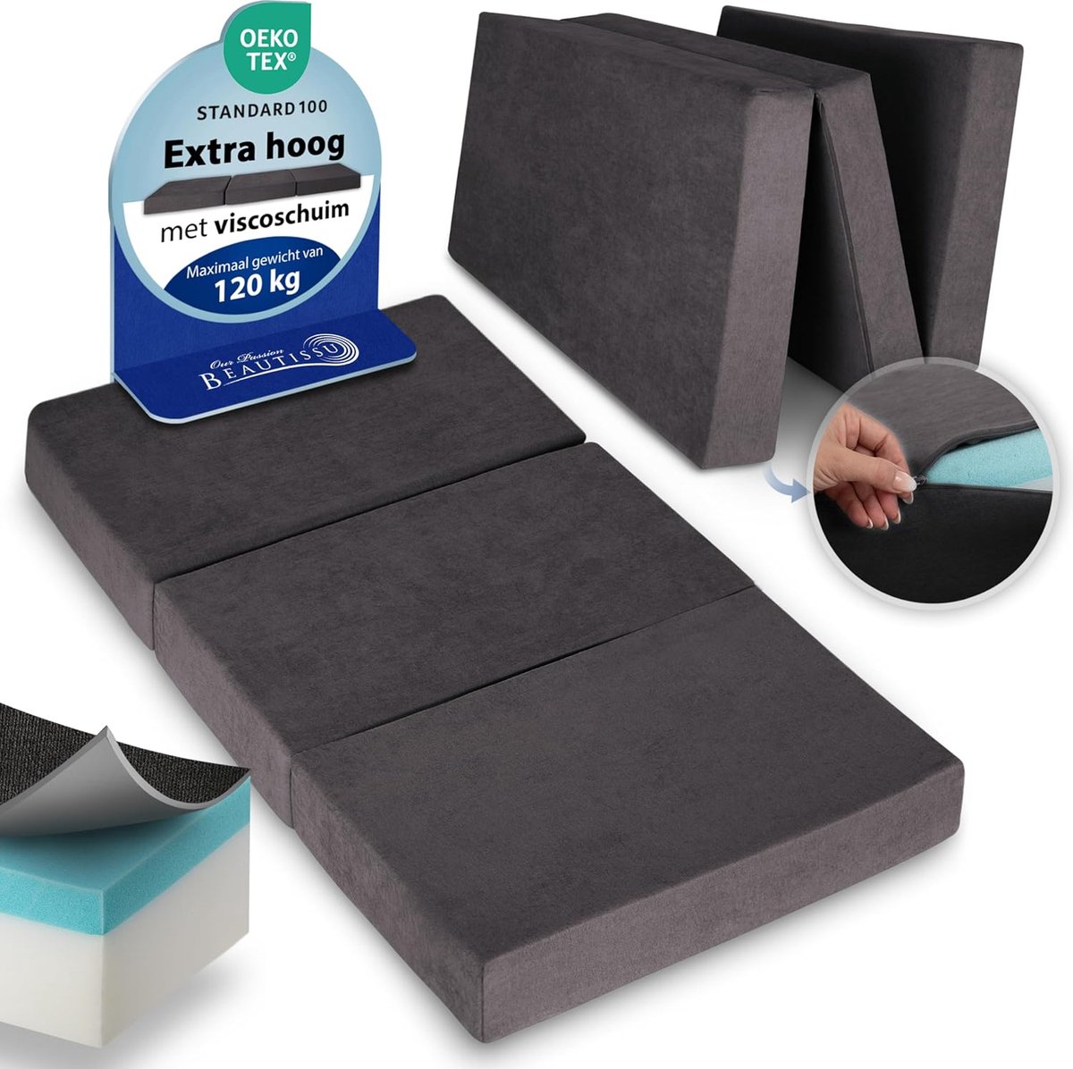 Beautissu VS95 – Premium Opvouwbaar Matras XXL 140x200cm – Extra Dik 14cm Traagschuim Vouwmatras H3 – Wasbar – Eenvoudig Transport – Antraciet
