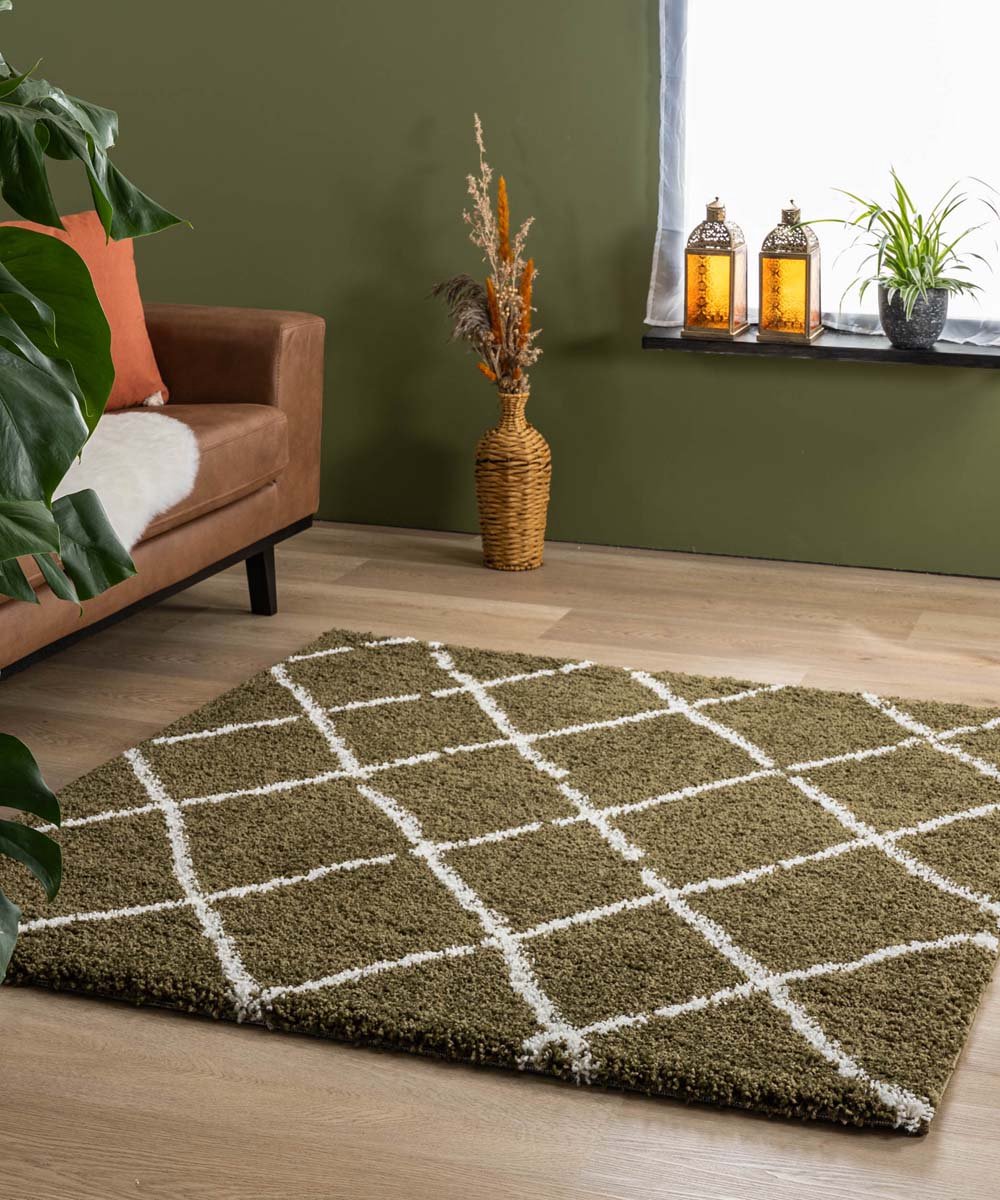 Vierkant hoogpolig vloerkleed ruiten Artisan - olijfgroen/wit 200x200