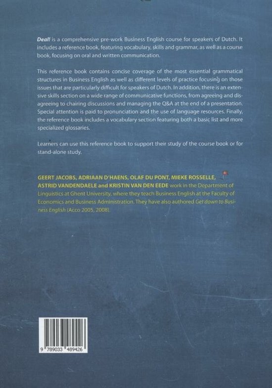 Achterkant van het boek 'Deal!' met ISBN en auteursinformatie.