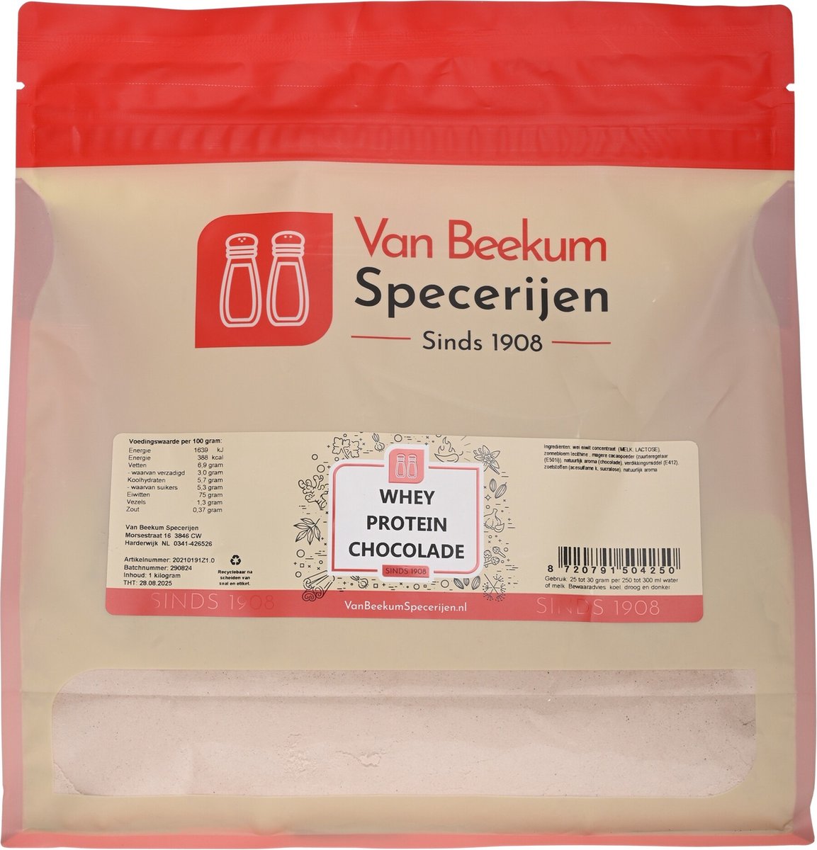 Goedkoopste Van Beekum Specerijen - Whey Protein Chocolade - 1 KG (hersluitbare stazak