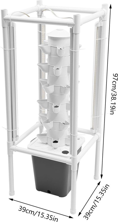 HuKaiL Verticale Hydrocultuur Kweekset 6 Etages - 30 Plantgaten - 40L Watertank - Wit/Grijs