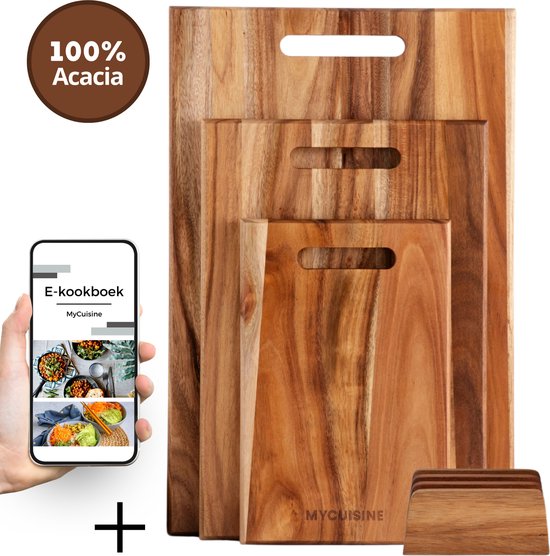 MyCuisine Acacia Snijplankenset Met Handvaten - Snijplankenset Met Houder Van Hout - 3 Stuks - Inclusief E-Kookboek - Modern Design - FSC Gecertificeerd