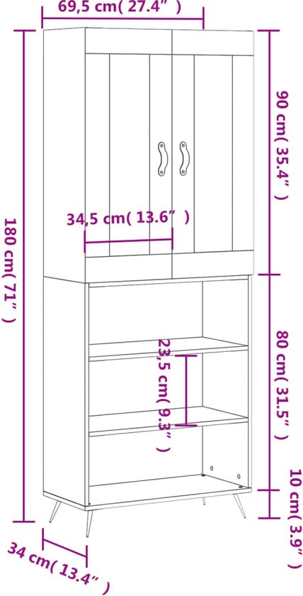 Meuble haut The Living Store - Wit - 69,5 x 34 x 180 cm - Matériau durable - Espace de rangement suffisant - Porte pratique - Pieds en métal - Assemblage requis