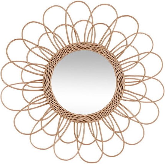 Atmosphera Wandspiegel Caya - Boho/ibiza stijl - bloemdesign - rotan - lichtbruin - rond - 56 cm