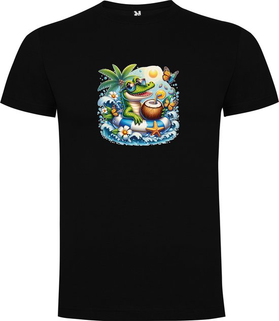 T-Shirt Noir avec "Crocodile Colorée avec Lunettes de Soleil Cocktail dans Bouée – Fête – Vacances – Détente" Impression Couleur Intégrale Taille 5XL