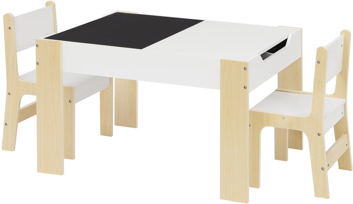 Kindertafel - Kindertafel en Stoelen Set - Kindertafel en Stoelen Set – Kindermeubilair met Opbergruimte – Tekentafel & Studie Bureau – Voor Kids & Kleuterschool – 81,5x48x60,5 cm – Wit & Lichte Eik