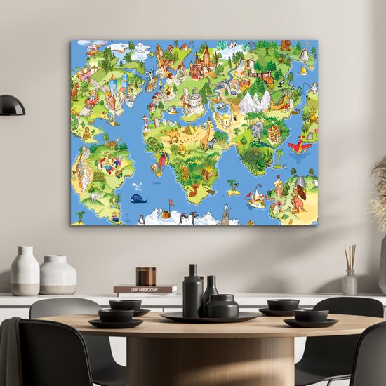 Aluminium schilderij 80x60 cm - Wanddecoratie metaal - Wereldkaart - Kinderen - Natuur - Dieren - Blauw - Groen - Metalen muurdecoratie woonkamer - Decoratie industrieel - Foto op dibond - Industriële accessoires slaapkamer