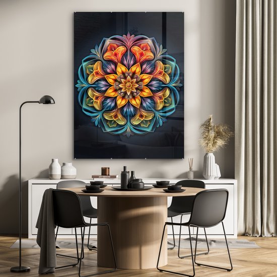 MuchoWow® Tableau sur verre 90x120 cm - Tableau sur verre acrylique - Mandala - Lumière - Couleurs - Zwart - Fleurs - Photo sur verre - Décoration murale salon - Décoration murale chambre - Peintures
