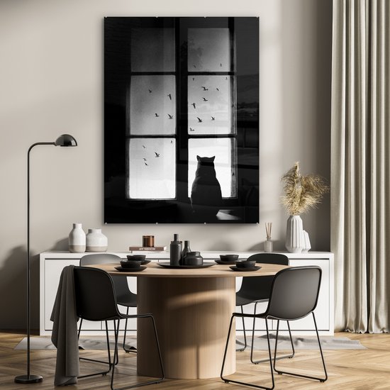 MuchoWow® Tableau sur verre 90x120 cm - Tableau sur verre acrylique - Chat - Animaux - Zwart et blanc - Fenêtre - Photo sur verre - Décoration murale salon - Décoration murale chambre - Peintures