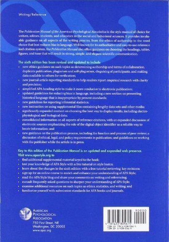 De achterkant van het 'Publication Manual of the American Psychological Association', zesde editie, met tekst en een streepjescode.