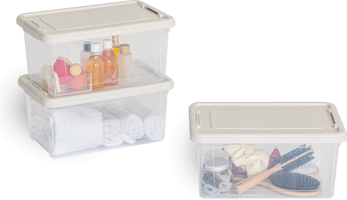 5Five Tide'n Box Stapelbare opbergbox met deksel - Set van 3 stuks - 16L - 42x21x30cm - Transparant - Beige