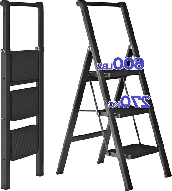 Opvouwbare Huishoudtrap - 3 Treden - Stalen Trapladder met Handgreep