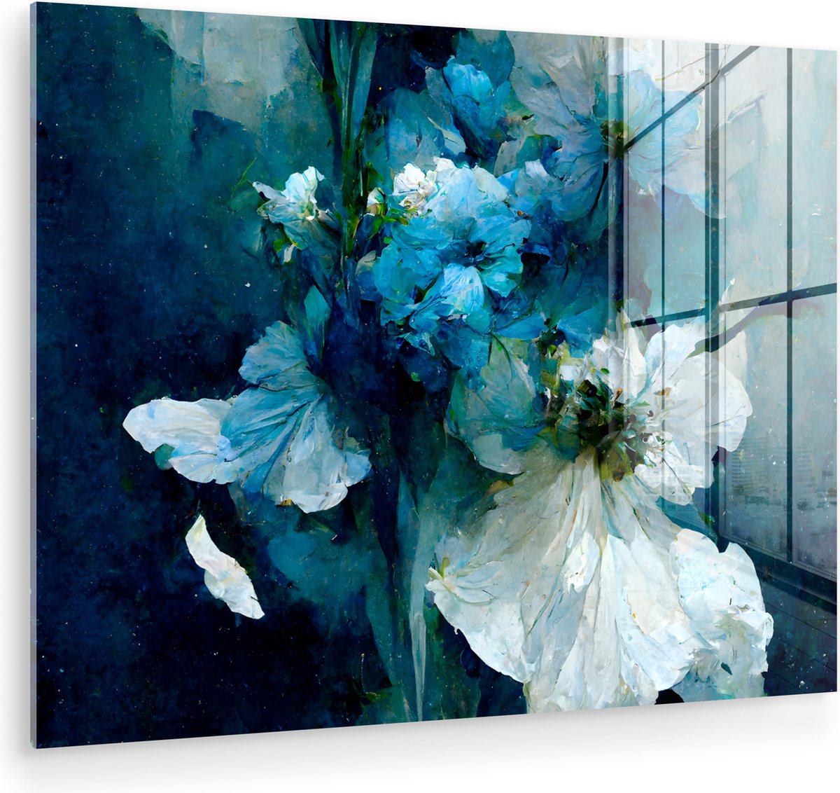 MuchoWow® Glasschilderij 160x120 cm - Schilderij acrylglas - Bloemen - Boeket - Verf - Blauw - Foto op glas - Muurdecoratie woonkamer - Wanddecoratie slaapkamer - Schilderijen