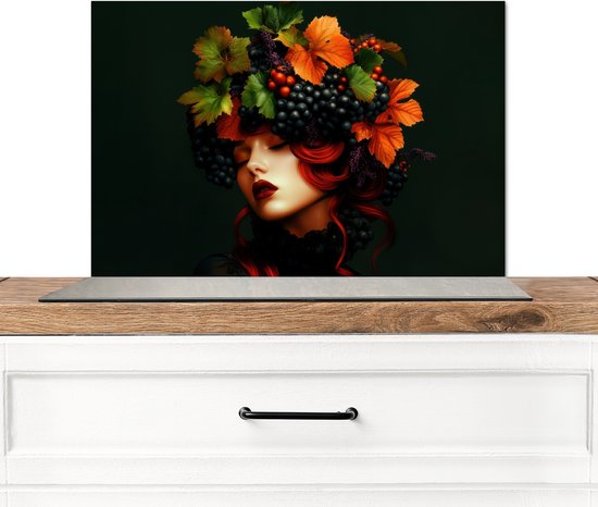 Crédence de Cuisinière en Aluminium 70x50 cm - Femme - Rouge - Vert - Raisins - Écran Pare-éclaboussures pour Plaque de Cuisson - Protection Murale