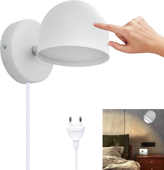 LED Muurlamp Met Stekker Dimbare Bedlamp Touch Control Leestoestel Moderne Leeslamp Binnen Acryl Muurverlichting Voor Slaapkamer Woonkamer Nachtkastje Trap Hal Kantoor Keuken Lamp, 9W (Wit