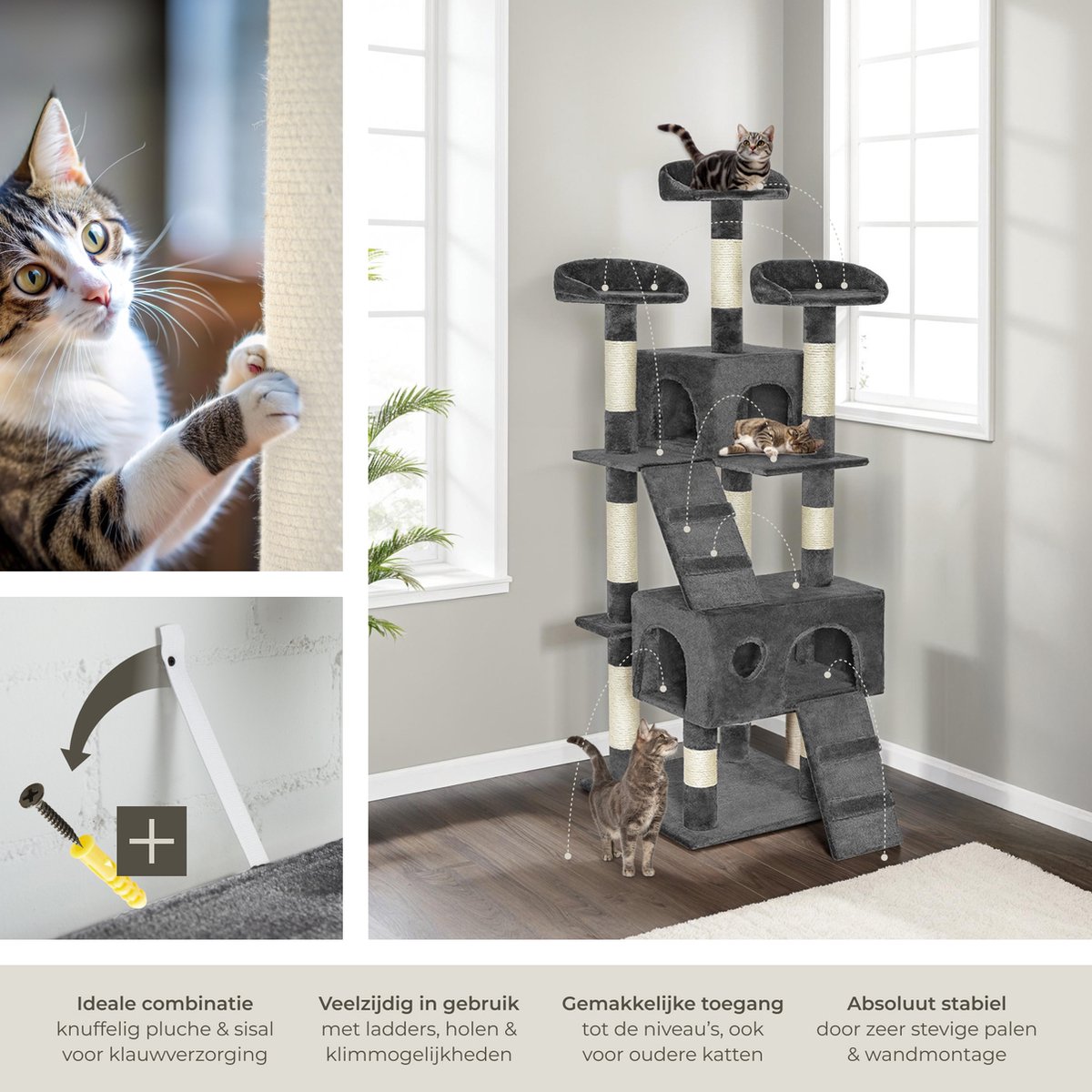 tectake® Kattenkrabpaal groot - Kattenboom met 3x sisal krabpaal en kattenaccessoires- 3x ligplaats en 1x kattenhuisje, 2x kattentrap - Middelhoog voor katten, kittens en katers - 170cm hoog - Grijs thumbnail 3