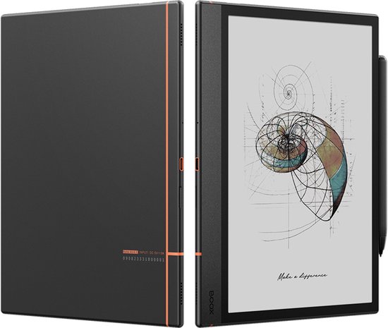 Zwart e-paper apparaat met open grijs hoesje, stylus aan de zijkant. Toont een schelp-achtige tekening.