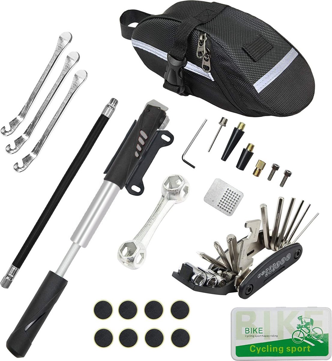 Fietsreparatieset, Fietsbandenreparatieset Bevat 16-in-1 gereedschap, 120Psi Mini Fietspomp, Fietsbandenreparatieset, Gebruikt voor Mountainbike en Racefiets - grijs - 20.5cm