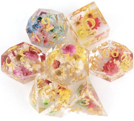 Ensemble de dés Joya Kids® Dungeons and Dragons | Set de Dés DnD Polydice | Ensemble de dés D&D | Ensemble de 7 pièces en résine | Coffre de rangement de Luxe inclus | Transparent avec des Fleurs colorées