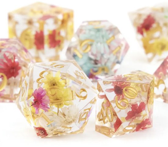 Ensemble de dés Joya Kids® Dungeons and Dragons | Set de Dés DnD Polydice | Ensemble de dés D&D | Ensemble de 7 pièces en résine | Coffre de rangement de Luxe inclus | Transparent avec des Fleurs colorées