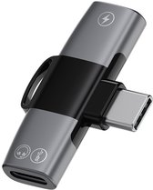 USB-C naar 2X USB-C compacte haakse splitter adapter kabel - oplader, data en audio adapter - o.a. voor headset en koptelefoon - grijs