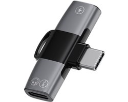 USB-C naar 2X USB-C compacte haakse splitter adapter kabel – oplader, data en audio adapter – o.a. voor headset en koptelefoon – grijs