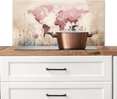 Crédence de Cuisinière en Aluminium 90x45 cm - Carte du monde - Rose - Fleurs - Écran Pare-éclaboussures pour Plaque de Cuisson - Protection Murale