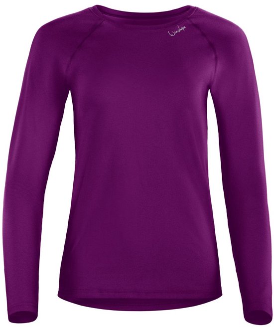 Paarse longsleeve met raglanmouwen en logo op de borst.