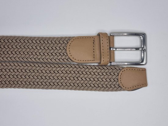 Gevlochten elastische beige riem met leren details en zilverkleurige gesp.