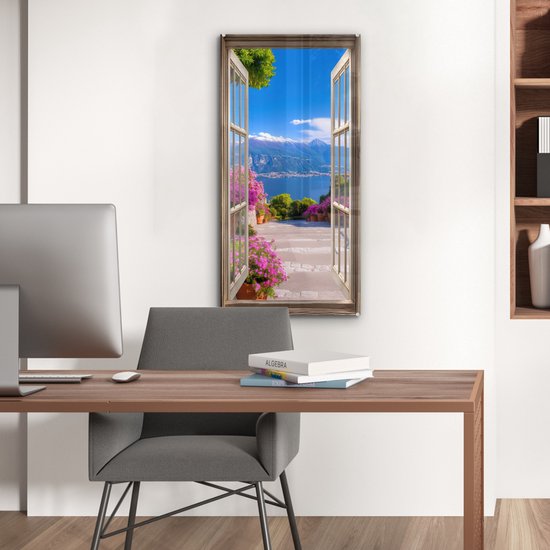 MuchoWow® Glasschilderij 40x80 cm - Schilderij acrylglas - Doorkijk - Berg - Landschap - Uitzicht - Meer - Foto op glas - Muurdecoratie woonkamer - Wanddecoratie slaapkamer - Schilderijen