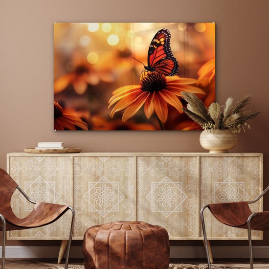 MuchoWow® Tableau sur verre 120x80 cm - Tableau sur verre acrylique - Papillon - Fleurs - Oranje - Photo sur verre - Décoration murale salon - Décoration murale chambre - Peintures