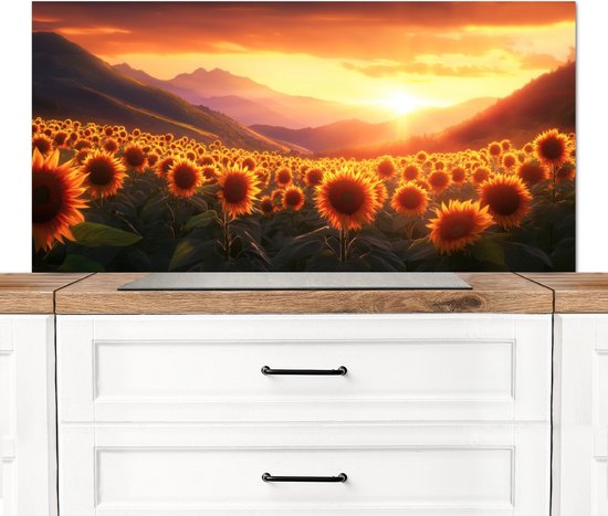 Crédence de Cuisinière en Aluminium 120x60 cm - Tournesols - Coucher de soleil - Paysage - Écran Pare-éclaboussures pour Plaque de Cuisson - Protection Murale