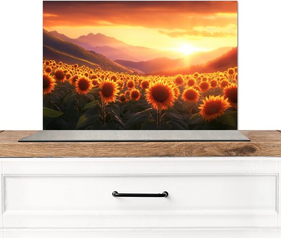 Crédence de Cuisinière en Aluminium 70x50 cm - Tournesols - Coucher de soleil - Paysage - Écran Pare-éclaboussures pour Plaque de Cuisson - Protection Murale