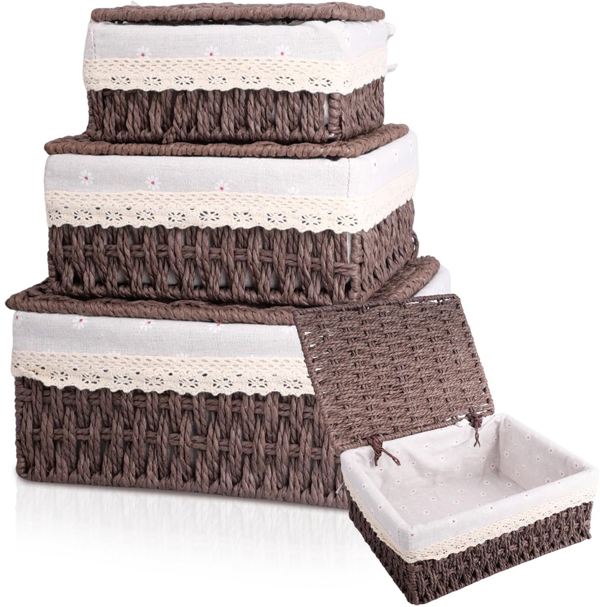 My Ninki ® Stijlvolle Gevlochten Opbergmanden Set met Deksel voor Diverse Ruimtes en Gebruiksmogelijkheden