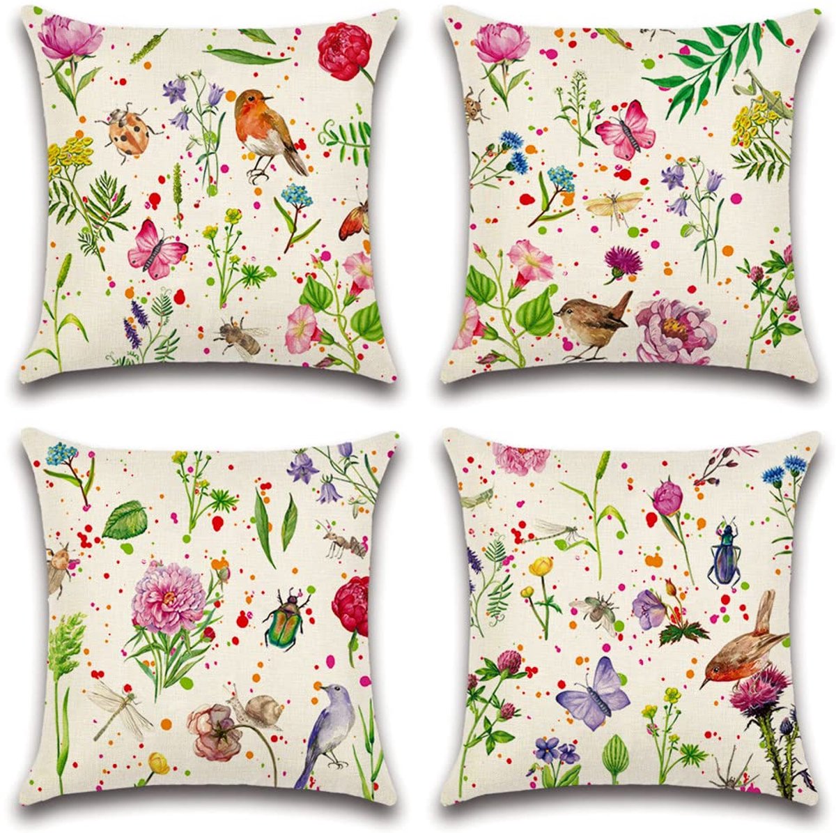My Ninki ® Set van 4 Waterbestendige Kussenhoezen met Bloemen- en Dierenmotieven voor Buiten en Tuin Decoratie bloemen vogels vlinders insecten