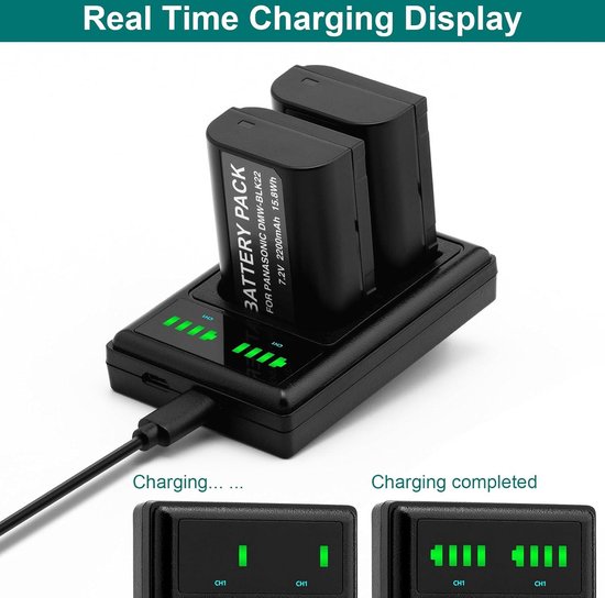 Chargeur Double USB Pour Batterie Panasonic DMW-BLK22E - Écran LCD, Entrée USB-C Ou Micro USB - Capacité 2100mAh