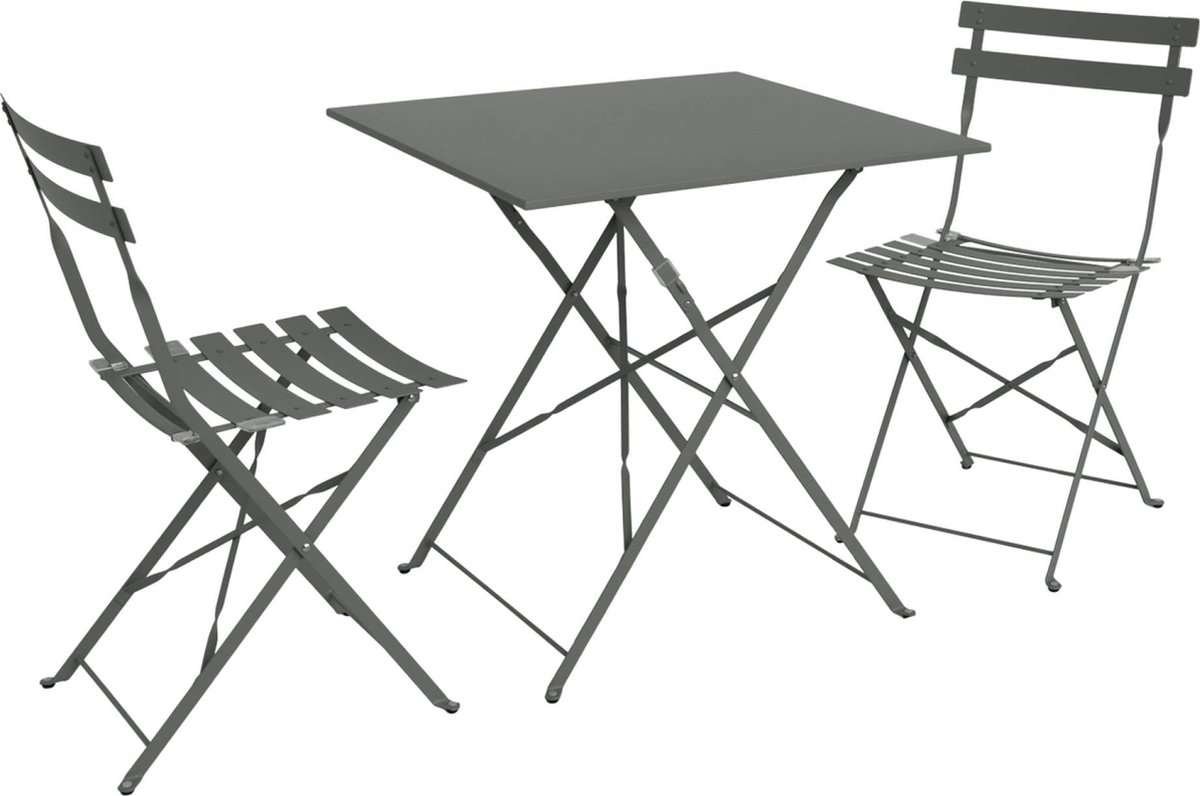 sweeek - Emilia vierkante inklapbare bistro tuinset met twee inklapbare stoelen, staal met poedercoating
