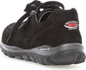 Zwarte Gabor dames sneaker, achter-zijaanzicht met 'rollingsoft' en 'sensitive' logo's.