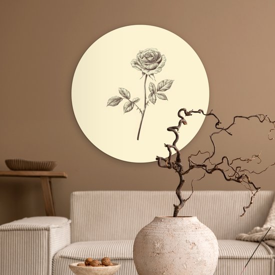 WallCircle® Wandcirkel 60x60 cm - Muurcirkel Illustratie - Zwart - Roos - Muurdecoratie woonkamer - Wanddecoratie slaapkamer - Kamer decoratie accessoires - Ronde schilderijen