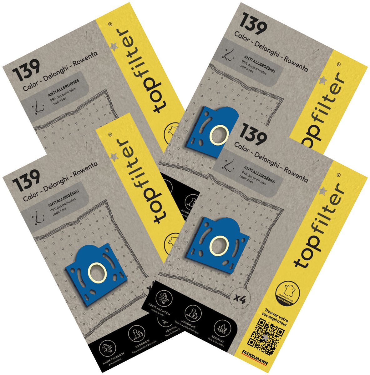 Set van 4 pakken van 4 stofzuigerzakken 64139 voor Rowenta TopFilter Premium
